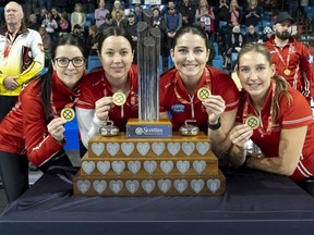 Kerri Einarson (l to r), Val Sweeting, Shannon Birchard and Briane Harris will represent Canada at the world women's curling championship in Sweden, starting Saturday.
