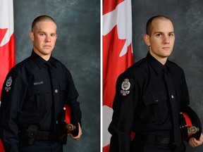 Edmonton Police Service (EPS) released pictures of Const. Brett Ryan (left) and Const. Travis Jordan, who were both killed in the line of duty on March 16, 2023.
