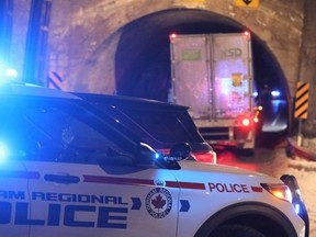 An image from Durham police of a transport truck that got stuck in a tunnel in Clarington on March 1, 2023.