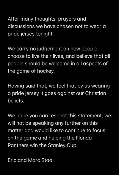 Staal brothers skip Pride jerseys; Panthers lose to Maple Leafs