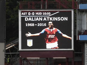 A tribute for Dalian Atkinson is seen on the screen inside the stadium during the Sky Bet Championship match between Aston Villa and Huddersfield Town at Villa Park on August 16, 2016 in Birmingham, England.