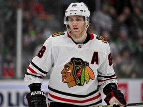 Feb 22, 2023; Dallas, Texas, USA; Chicago Blackhawks right wing Patrick Kane waits for the face-off in the Dallas Stars zone during the third period at the American Airlines Center.