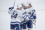 The Toronto Maple Leafs celebrate a goal scored by center Calle Jarnkrok (19) in the third period against the Ottawa Senators at the Canadian Tire Centre on Saturday night.