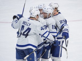 The Toronto Maple Leafs celebrate a goal scored by center Calle Jarnkrok (19) in the third period against the Ottawa Senators at the Canadian Tire Centre on Saturday night.
