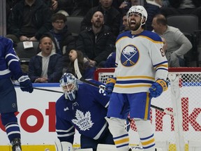 Buffalo Sabres forward Alex Tuch (89) reacts after scoring the game winning goal against the Toronto Maple Leafs during the third period at Scotiabank Arena March 13, 2023.