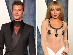 Shawn Mendes, left, and Sabrina Carpenter at the 2023 Vanity Fair Oscar Party Hosted By Radhika Jones at Wallis Annenberg Center for the Performing Arts on March 12, 2023 in Beverly Hills.