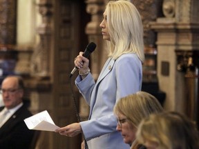 Kansas state Sen. Renee Erickson, D-Wichita, explains her "Yes" vote on a proposed ban on transgender athletes in girls' and women's K-12, club and college sports, Thursday, March 9, 2023, at the Statehouse in Topeka, Kan.