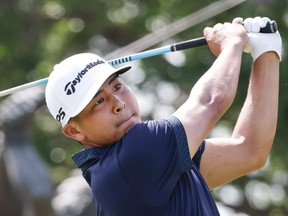 Kurt Kitayama hits his drive on the first hole during the final round of the Arnold Palmer Invitational golf tournament in Orlando, Fla., March 5, 2021.
