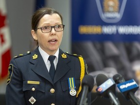 Acting London police Chief Trish McIntyre speaks at a news conference Monday, March 13, 2023, about a standoff at a London apartment building in which two officers were shot. (Mike Hensen/The London Free Press)