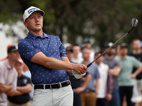 Mackenzie Hughes of Canada plays his shot on the first hole during day three of the World Golf Championships-Dell Technologies Match Play at Austin Country Club.