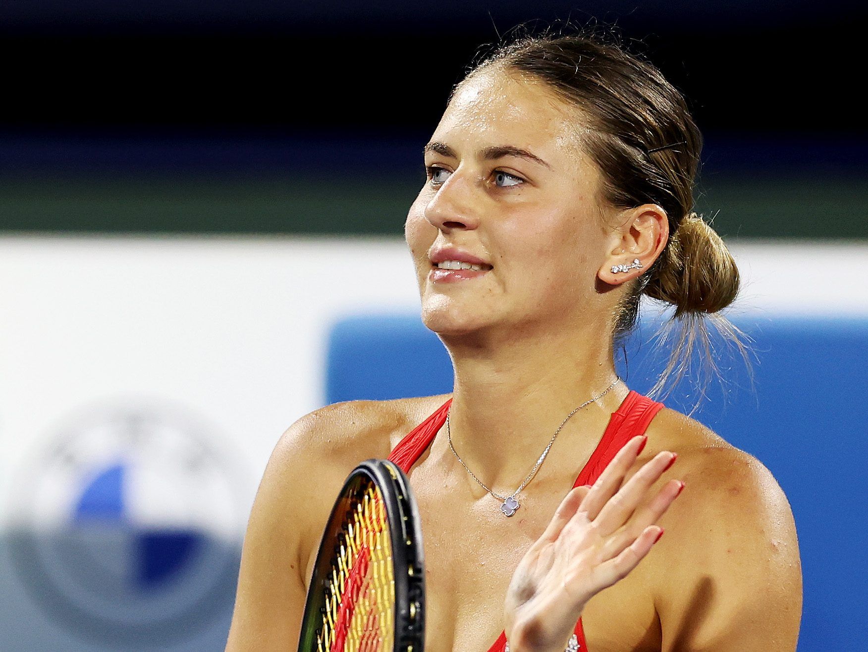 Marta Kostyuk of Ukraine in action during the first qualifications round of  the 2022 Dubai Duty Free Tennis Championships WTA 1000 tennis tournament on  February 12, 2022 at The Aviation Club Tennis