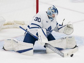Maple Leafs goalie Matt Murray makes a save against the Canucks during second period NHL action at Rogers Arena in Vancouver, March 4, 2023.