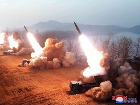 A general view of missiles being fired at an undisclosed location in North Korea March 10, 2023 in this photo released by North Korea's Korean Central News Agency (KCNA).