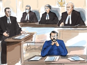 From left, Dellen Millard’s lawyer Ravin Pillay, Justice Paciocco, Justice Gillese, Justice Huscroft and Dellen Millard attend court in Toronto, Monday, March 13, 2023.