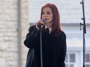 Priscilla Presley speaks during a public memorial for her daughter, singer Lisa Marie Presley, at Graceland Mansion in Memphis, Tennessee, January 22, 2023.