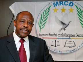 In this file photo taken on June 18, 2019, Rwandan Movement for Democratic Change (MRCD) MRCD-UBUMWE chairman Paul Rusesabagina speaks during a press conference of the political platform MRCD-UBUMWE and the political party RDI-EWANDA RWIZA, concerning the political and security situation in Rwanda, in Brussels.