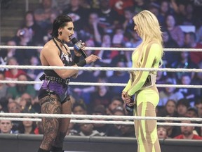 Rhea Ripley faces off with Charlotte Flair on Smackdown. (WWE)