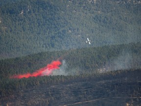 A plane throws water over a wildfire in Pina de Montalgrao, Castellon, Spain, March 26, 2023.