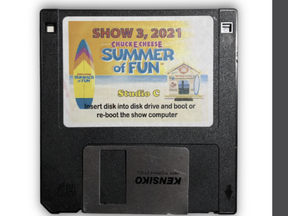 A floppy disk made to control Chuck E. Cheese animatronics.