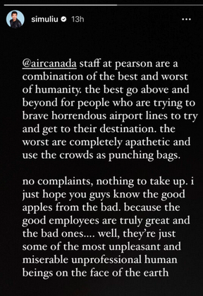 Simu Liu complained about Air Canada in a recent social media post.