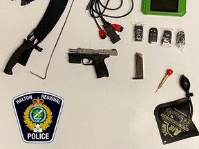 Halton Regional Police arrested three Quebec men in an auto theft investigation and allegedly seized a loaded handgun, a large machete-style knife, and tools used in the commission of reprogramming-style vehicle thefts on Thursday, March 2, 2023.