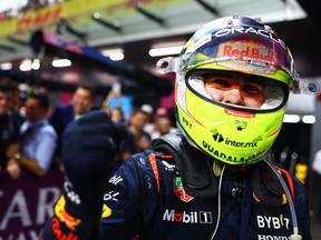 Race winner Sergio Perez of Mexico and Oracle Red Bull Racing celebrates in parc ferme during the F1 Grand Prix of Saudi Arabia at Jeddah Corniche Circuit on March 19, 2023 in Jeddah, Saudi Arabia.