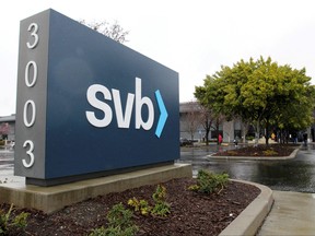 A sign for Silicon Valley Bank (SVB) headquarters is seen in Santa Clara, Calif., March 10, 2023.