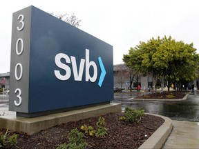 A sign for Silicon Valley Bank (SVB) headquarters is seen in Santa Clara, Calif., March 10, 2023.