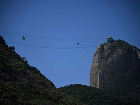 View of a Sugarloaf Cable Cars during a demonstration against proposals to create a zip line attraction at Sugarloaf Mountain in Rio de Janeiro, Brazil, on March 26, 2023.