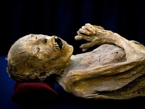 A mummy on display during a press conference to launch an itinerant exhibit of 36 of the famous Mummies of Guanajuato, in Mexico City, on Aug. 31, 2009.
