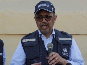 Director-General of the World Health Organization Tedros Adhanom Ghebreyesus speaks during a news conference, in the aftermath of the deadly earthquake, in Bab al-Hawa crossing at the Syrian-Turkish border, in Idlib governorate, Wednesday, March 1, 2023.