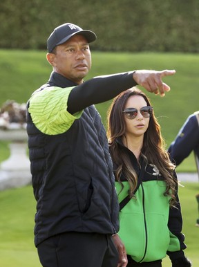 Tiger Woods and girlfriend Erica Herman on the 18th green during the JP McManus Pro-Am at Adare Manor, Limerick, Ireland, July, 4, 2022.