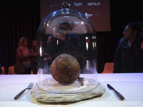 A meatball made using genetic code from a mammoth is seen at the Nemo science museum in Amsterdam, March 28, 2023.