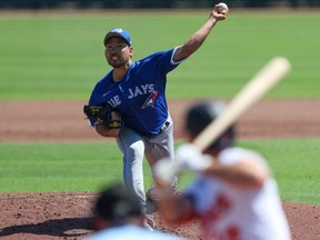 Mar 1, 2023; Sarasota, Florida, USA;  Toronto Blue Jays starting pitcher Yusei Kikuchi  throws a pitch against the Baltimore Orioles in the second inning during spring training at Ed Smith Stadium.