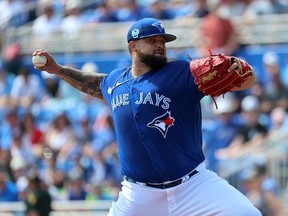 Toronto Blue Jays starting pitcher Alek Manoah throws a pitch during the first inning against the Boston Red Sox  at TD Ballpark.