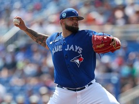 Mar 8, 2023; Dunedin, Florida, USA;  Toronto Blue Jays starting pitcher Alek Manoah throws a pitch against the Minnesota Twins in the first inning during spring training at TD Ballpark.