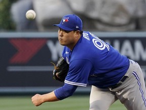 Toronto Blue Jays starting pitcher Hyun Jin Ryu throws to the plate during the first inning of a baseball game against the Los Angeles Angels Thursday, May 26, 2022, in Anaheim, Calif.