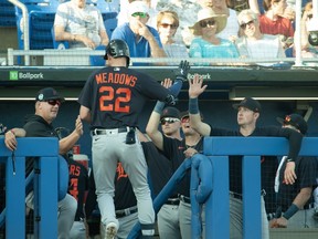 Detroit Tigers' Parker Meadows is congratulated by manager A.J. Hinge and teammates after hitting a home run during a spring training game against the Toronto Blue Jays at TD Ballpark in Dunedin, Fla., Saturday, March 25, 2023.