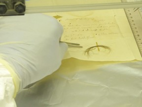 This undated image shows the Stumpff Lock of hair from German composer Ludwig van Beethoven in a laboratory at the Max Planck Institute for the Science of Human History, in Jena, Germany.