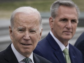 U.S. President Joe Biden, left, and Speaker of the House Kevin McCarthy (R-CA) depart the U.S. Capitol following the Friends of Ireland Luncheon on Saint Patrick's Day March 17, 2023 in Washington, D.C.