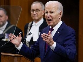 U.S. President Joe Biden delivers a speech at the House of Commons of Canada, in Ottawa, March 24, 2023.