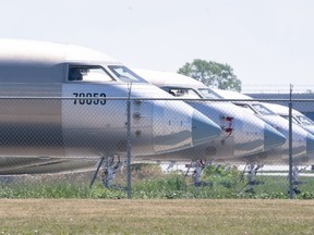 A row of unfinished Bombardier Global Express aircraft is seen at a Bombardier plant in Montreal on Friday, June 5, 2020.