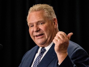 Ontario Premier Doug Ford speaks at an announcement at AstraZeneca in Mississauga Ont., Feb. 27, 2023.