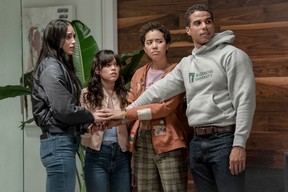 From left, Melissa Barrera, Jenna Ortega, Jasmin Savoy Brown and Mason Gooding in “Scream VI.”