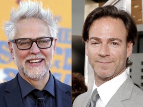 Writer-director James Gunn, appears at the premiere of "The Suicide Squad," in Los Angeles on Aug. 2, 2021, left, and producer Peter Safran appears at the premiere of "The Conjuring" in Los Angeles on July 15, 2013.
