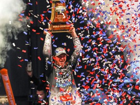 Canadian Jeff Gustafson, of Kenora, Ont., celebrates as he became the first Canadian to win the US$1-million Bassmaster Classic title in Knoxville, Tenn. on Sunday March 26, 2023. THE CANADIAN PRESS/HO-Bass Anglers Sportsman Society