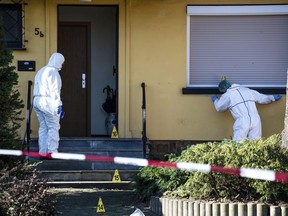 Emergency services secure the evidence after the shooting of a 16-year-old, who was critically injured in Bramsche, Germany, on Feb. 28, 2023.