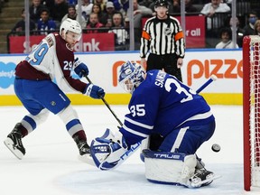 Colorado Avalanche's Nathan MacKinnon scores a shootout goal against Maple Leafs goaltender Ilya Samsonov during NHL action in Toronto on Wednesday, March 15, 2023.