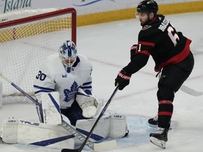 Ottawa Senators centre Derick Brassard fails to tip a shot past Toronto Maple Leafs goaltender Matt Murray during first period NHL action in Ottawa, Saturday, March 18, 2023.