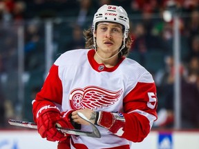 Feb 16, 2023; Calgary, Alberta, CAN; Detroit Red Wings left wing Tyler Bertuzzi during the third period against the Calgary Flames at Scotiabank Saddledome.